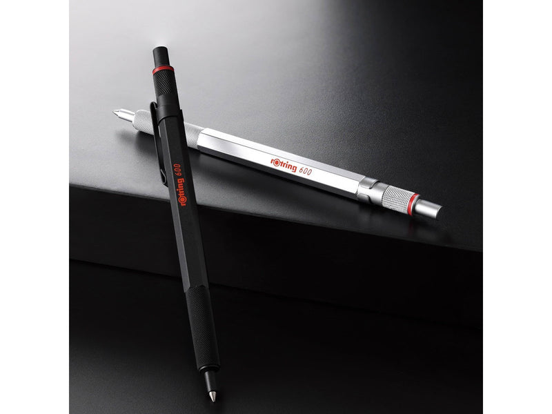 Rotring 600 Gel Pen | 0.55 mm | Black Ink | Silver Metal Body Pen | Non-Slip Knurled Grip & Hexagonal Barrel | Refillable
