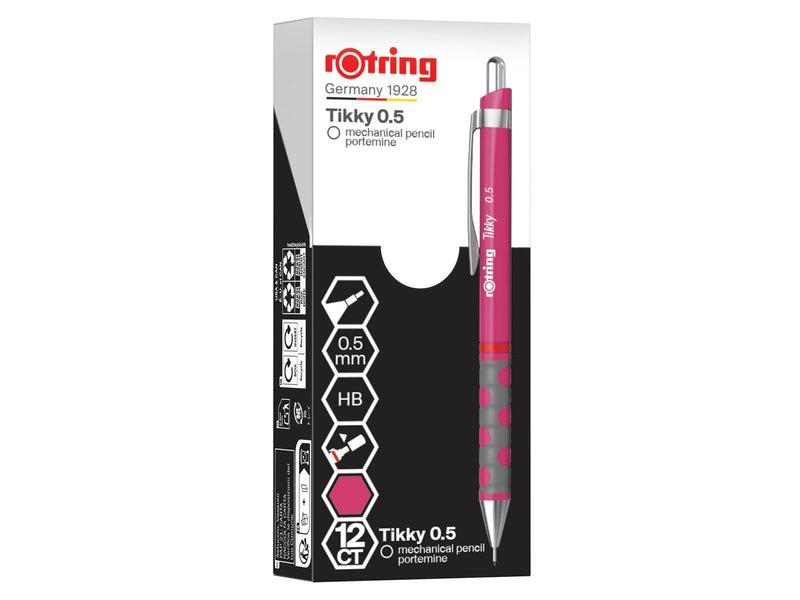 Rotring Tikky Mechanical Pencil | HB Lead 0.5 mm | Magenta (pink) Barrel | Lightweight with Rubberised Grip | 12 Count