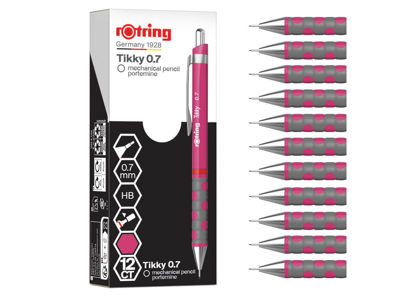 Rotring Tikky Mechanical Pencil | HB 0.7 mm | Magenta (pink) Barrel | Lightweight with Rubberised Grip | 12 Count