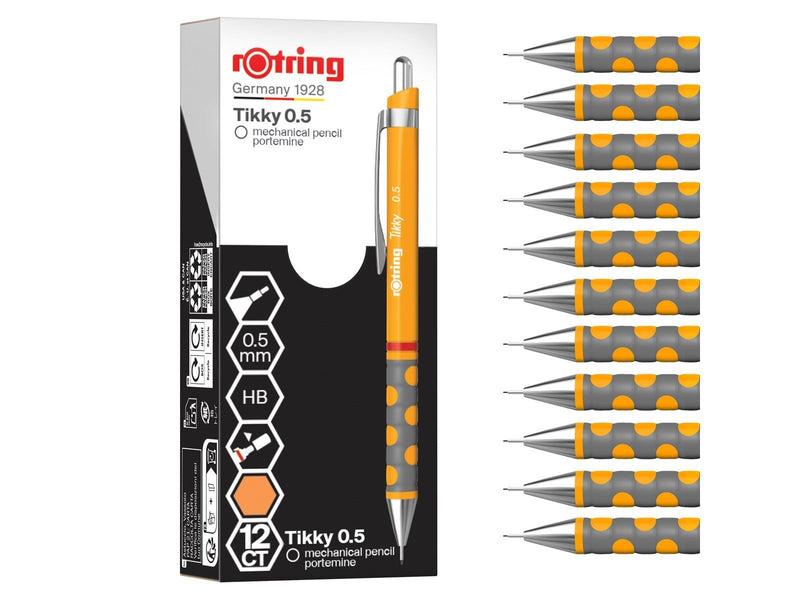 Rotring Tikky Mechanical Pencil | HB 0.5 mm | Marigold (orange) Barrel | Lightweight with Rubberised Grip | 12 Count