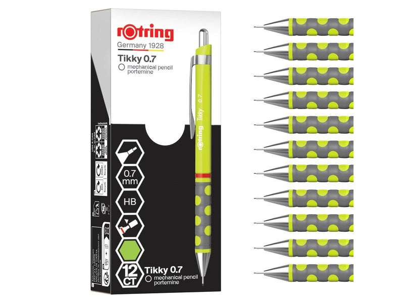 Rotring Tikky Mechanical Pencil | HB 0.7 mm | Spidermum (lime) Barrel | Lightweight with Rubberised Grip | 12 Count
