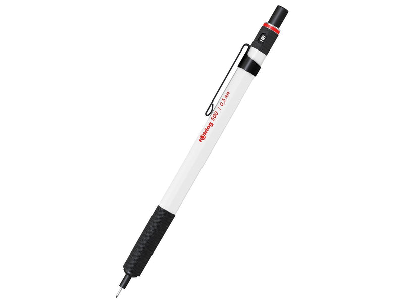 Rotring 500 Mechanical Pencil | 0.5mm HB Lead | White hexagonal plastic barrel and non-slip textured metal grip