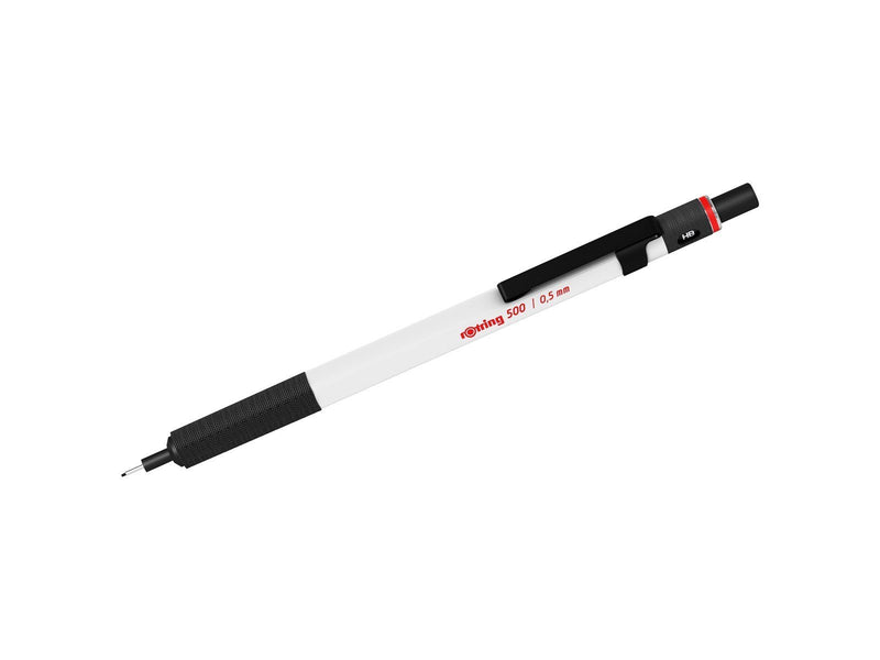 Rotring 500 Mechanical Pencil | 0.5mm HB Lead | White hexagonal plastic barrel and non-slip textured metal grip