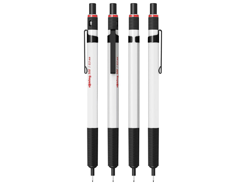 Rotring 500 Mechanical Pencil | 0.5mm HB Lead | White hexagonal plastic barrel and non-slip textured metal grip