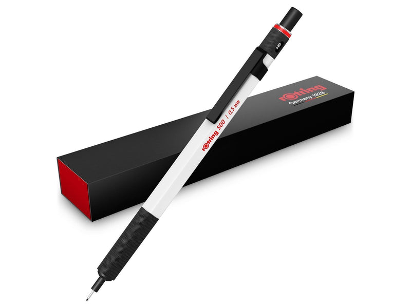 Rotring 500 Mechanical Pencil | 0.5mm HB Lead | White hexagonal plastic barrel and non-slip textured metal grip