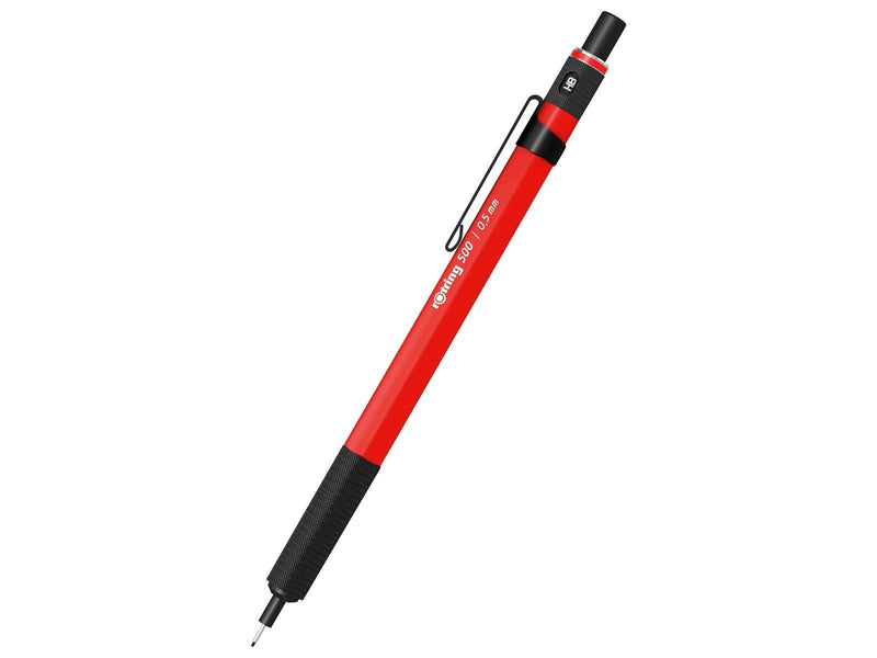 Rotring 500 Mechanical Pencil | 0.5mm HB Lead | Red hexagonal plastic barrel and non-slip textured metal grip