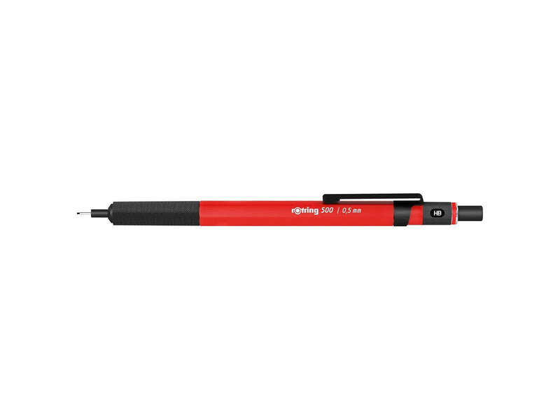 Rotring 500 Mechanical Pencil | 0.5mm HB Lead | Red hexagonal plastic barrel and non-slip textured metal grip