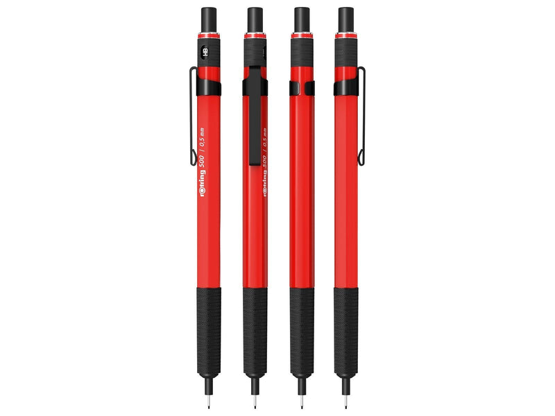Rotring 500 Mechanical Pencil | 0.5mm HB Lead | Red hexagonal plastic barrel and non-slip textured metal grip