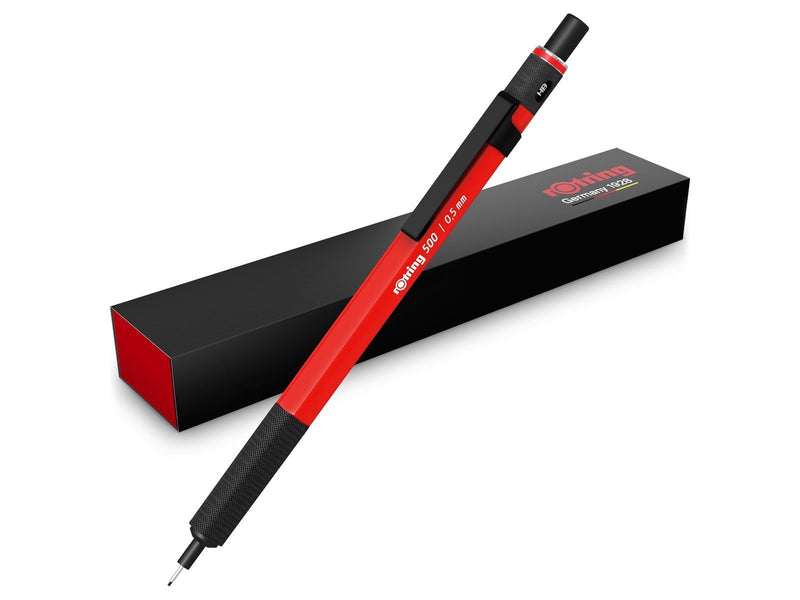Rotring 500 Mechanical Pencil | 0.5mm HB Lead | Red hexagonal plastic barrel and non-slip textured metal grip
