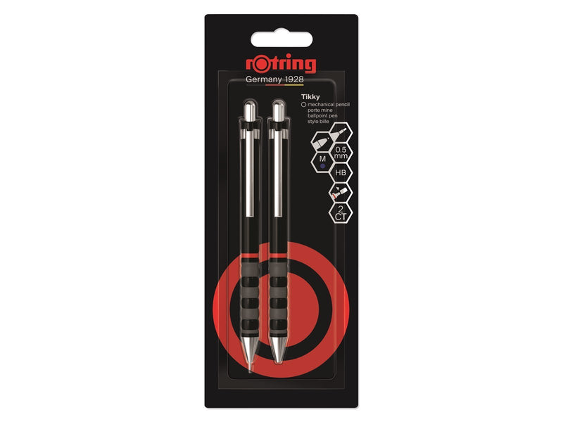 Rotring Tikky Mechanical Pencil & Ballpoint Set | HB Lead 0.5 mm Pencil | Medium Point Pen | Black Barrel