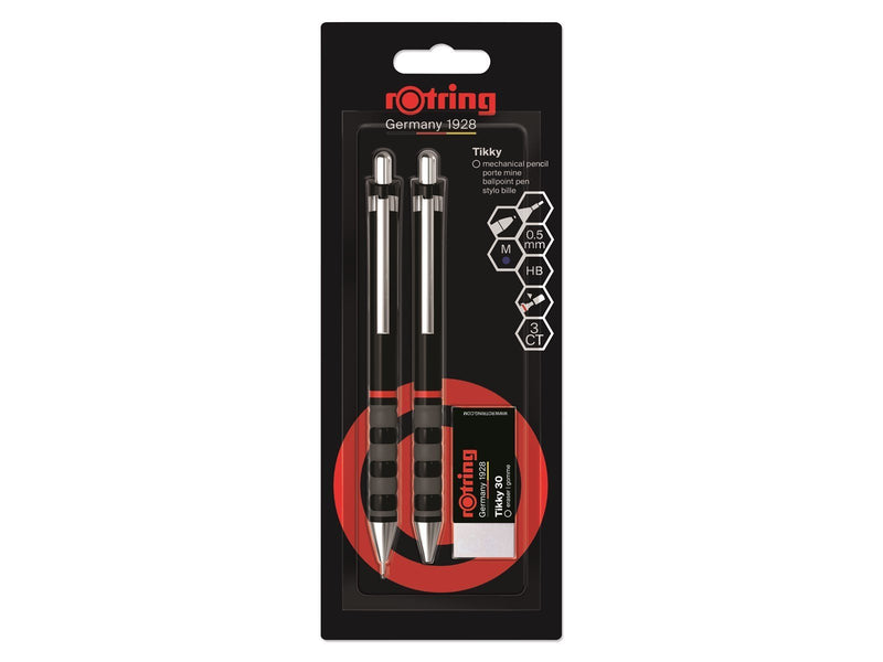 Rotring Tikky Mechanical Pencil Ballpoint & Eraser Set | HB Lead 0.5 mm Pencil | Medium Point Pen | Black Barrel