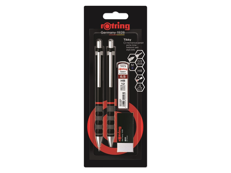 Rotring Tikky Mechanical Pencil Ballpoint Eraser & Lead Refills Set | HB Lead 0.5 mm Pencil | Medium Point Pen | Black Barrel