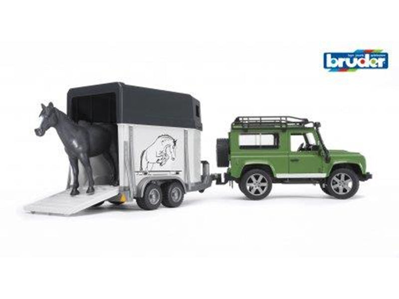 Bruder  Land Rover Defender Station Wagon with horse trailer and horse toy