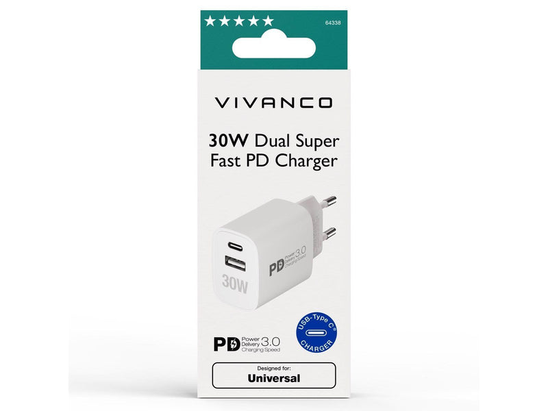 Vivanco Fast GaN 30W 1xUSB-C PD/ USB-A Home Charger White