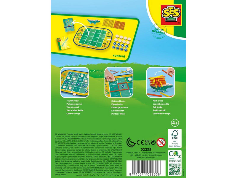 SES Creative Wrap & Go - 3 Travel Games - 3-in-1 - Four in a Row - Dots and Boxes - Pack Croco