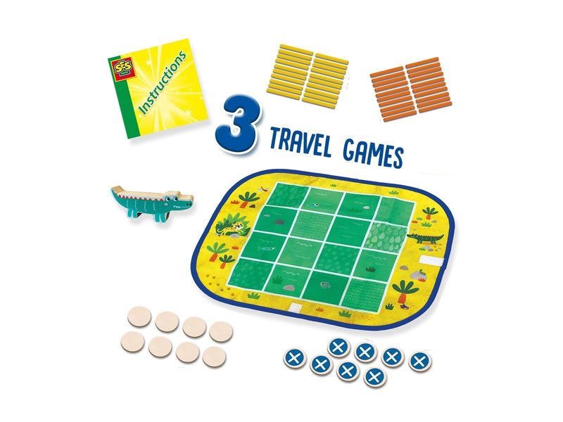 SES Creative Wrap & Go - 3 Travel Games - 3-in-1 - Four in a Row - Dots and Boxes - Pack Croco