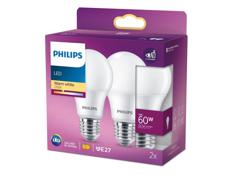 Philips LED-Lampe A60 Standard 7W/827 (60W) matt 2-pack E27