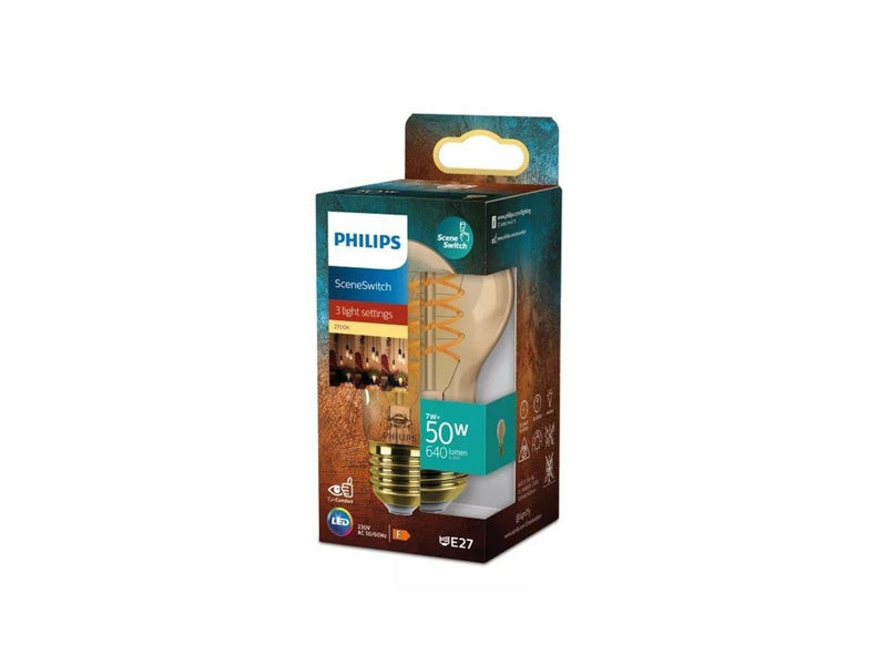 Philips LED-Lampe Filament A60 7W/827 (50W) SceneSwitch amber E27