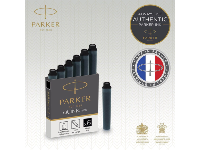 Parker Mini Fountain Pen Ink Refill Cartridges | Black QUINK Ink | 6 Count