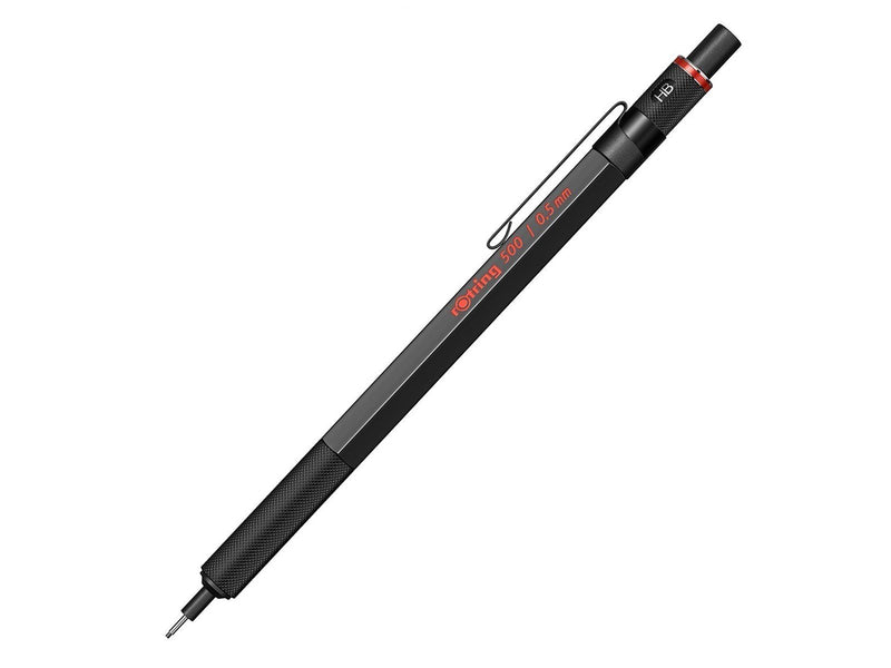 Rotring 500 Mechanical Pencil | 0.5 mm HB Lead | Black hexagonal plastic barrel and non-slip textured metal grip