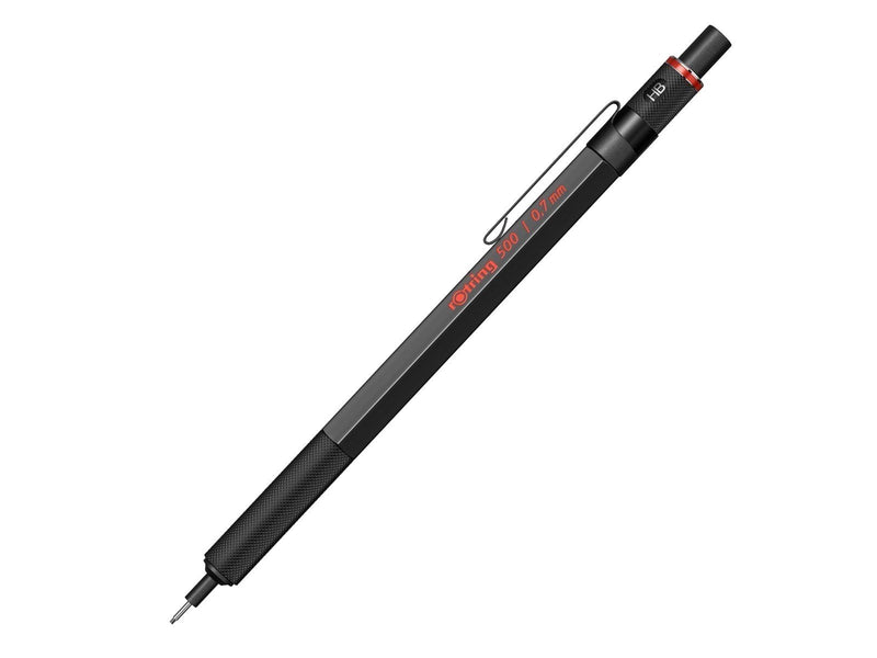 Rotring 500 Mechanical Pencil | 0.7 mm HB lead | Black hexagonal plastic barrel and non-slip textured metal grip