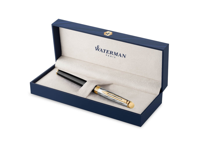 Waterman Hémisphère Fountain Pen | Metal & Black Lacquer with Gold trim & Chiselled cap | Gold Coated Stainless Steel Medium Nib