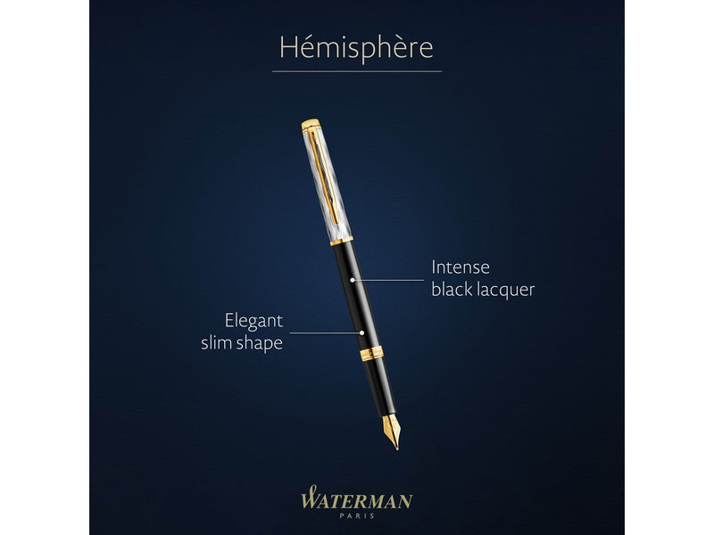 Waterman Hémisphère Fountain Pen | Metal & Black Lacquer with Gold trim & Chiselled cap | Gold Coated Stainless Steel Medium Nib