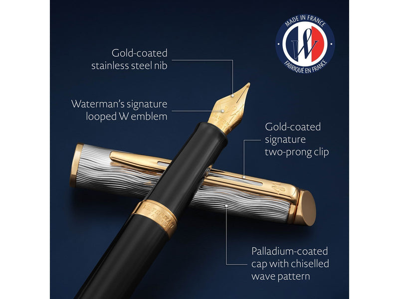Waterman Hémisphère Fountain Pen | Metal & Black Lacquer with Gold trim & Chiselled cap | Gold Coated Stainless Steel Medium Nib