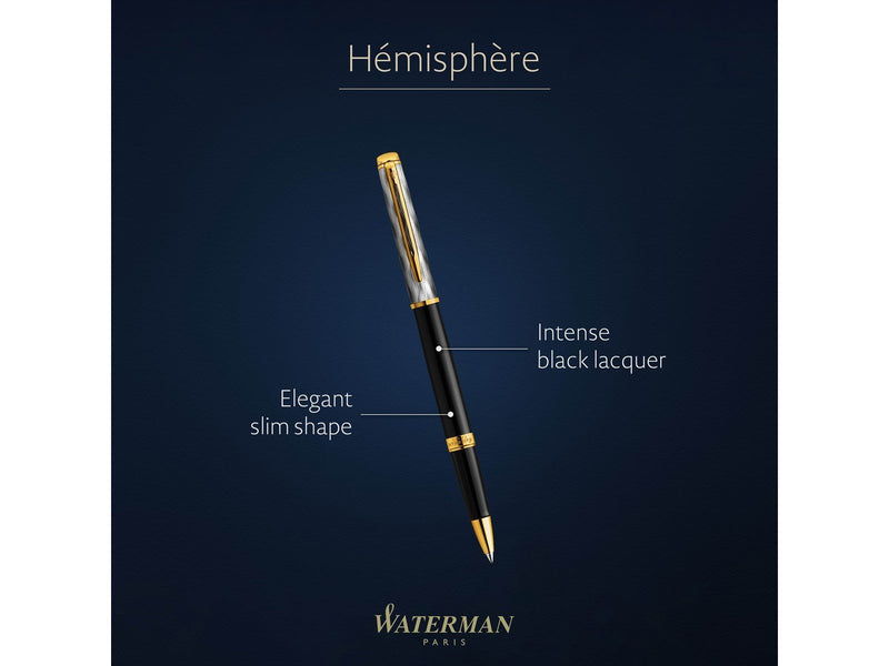 Waterman Hémisphère Rollerball pen | Metal & Black Lacquer with Gold trim & Chiselled cap | Fine tip | Black Ink | Gift Box