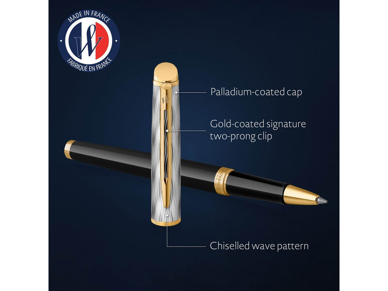 Waterman Hémisphère Rollerball pen | Metal & Black Lacquer with Gold trim & Chiselled cap | Fine tip | Black Ink | Gift Box