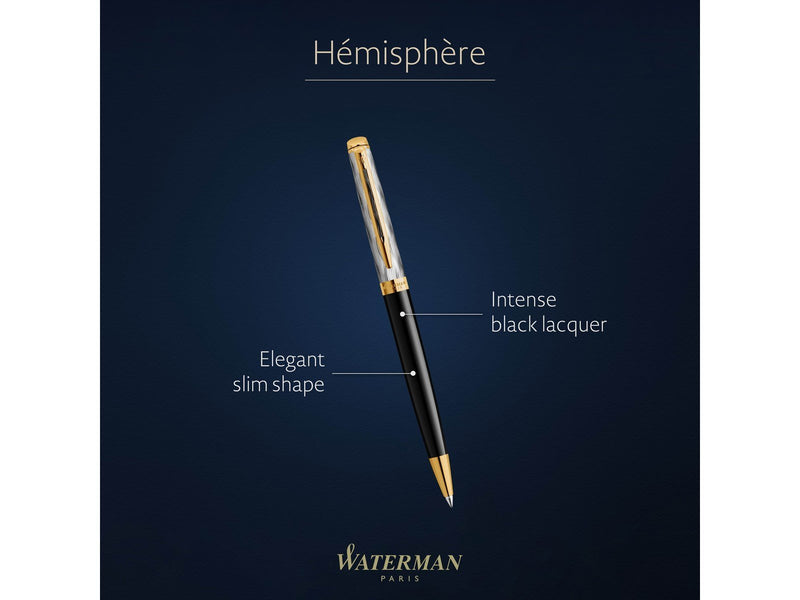Waterman Hémisphère Ballpoint pen | Metal & Black Lacquer with Gold trim & Chiselled cap |  Medium tip | Blue Ink | Gift Box