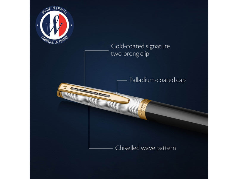 Waterman Hémisphère Ballpoint pen | Metal & Black Lacquer with Gold trim & Chiselled cap |  Medium tip | Blue Ink | Gift Box