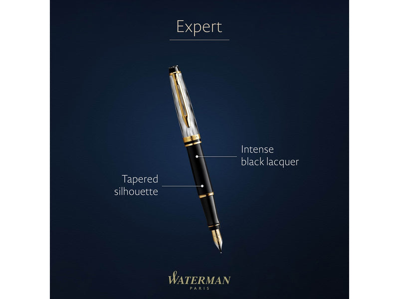 Waterman Expert Fountain Pen | Metal & Black Lacquer with Gold trim & Chiselled cap | Stainless steel Medium Nib | Blue Ink | Gi