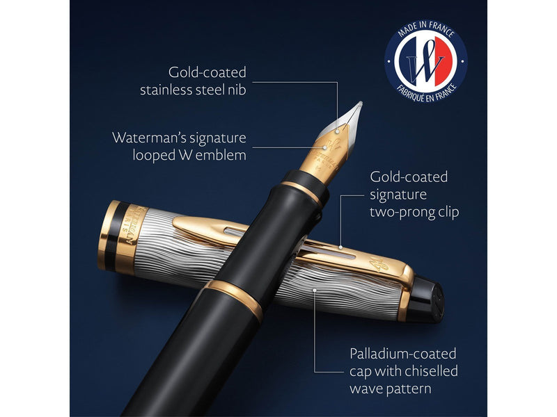 Waterman Expert Fountain Pen | Metal & Black Lacquer with Gold trim & Chiselled cap | Stainless steel Medium Nib | Blue Ink | Gi