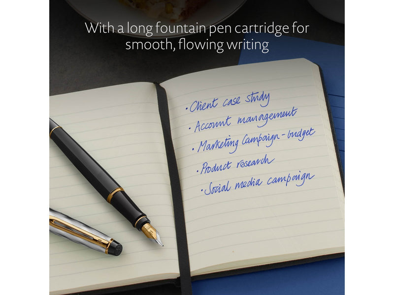 Waterman Expert Fountain Pen | Metal & Black Lacquer with Gold trim & Chiselled cap | Stainless steel Medium Nib | Blue Ink | Gi