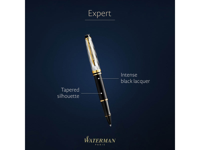 Waterman Expert | Rollerball Pen | Metal & Black Lacquer with Gold trim & Chiselled cap | Fine tip | Black Ink | Gift Box