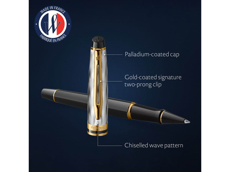 Waterman Expert | Rollerball Pen | Metal & Black Lacquer with Gold trim & Chiselled cap | Fine tip | Black Ink | Gift Box