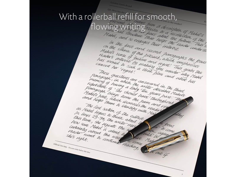 Waterman Expert | Rollerball Pen | Metal & Black Lacquer with Gold trim & Chiselled cap | Fine tip | Black Ink | Gift Box