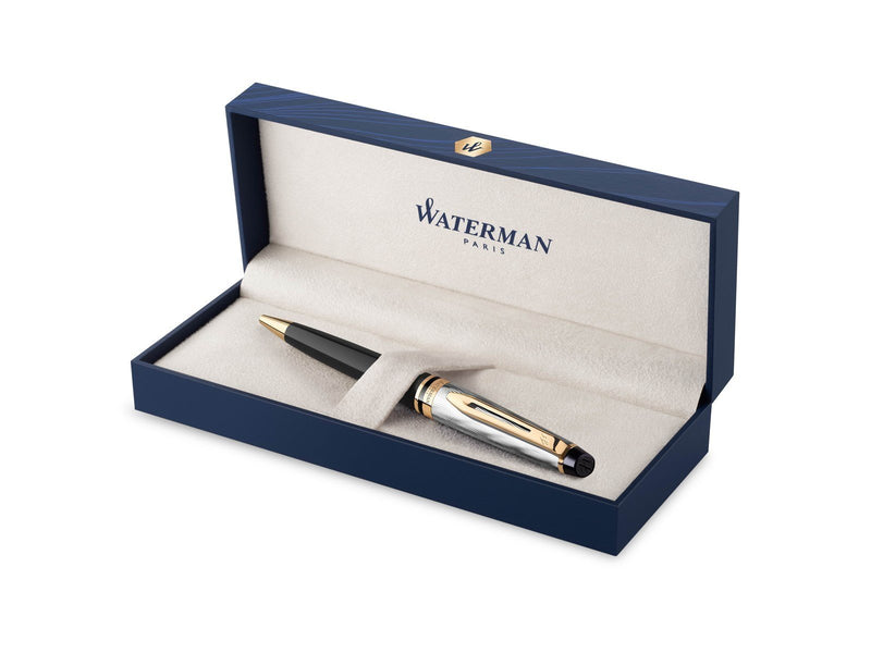 Waterman Expert Ballpoint pen | Metal & Black Lacquer with Gold trim & Chiselled cap | Medium tip | Blue Ink | Gift Box