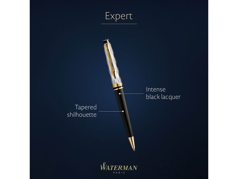 Waterman Expert Ballpoint pen | Metal & Black Lacquer with Gold trim & Chiselled cap | Medium tip | Blue Ink | Gift Box