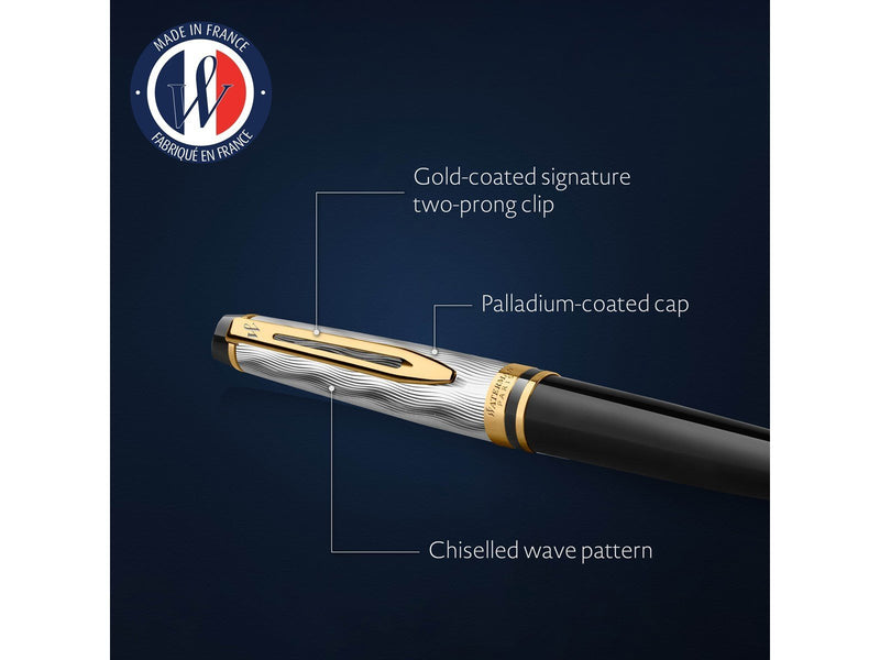 Waterman Expert Ballpoint pen | Metal & Black Lacquer with Gold trim & Chiselled cap | Medium tip | Blue Ink | Gift Box