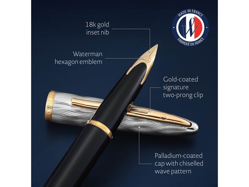 Waterman Carene Fountain Pen | Metal & Black Lacquer with Gold trim & Chiselled cap | 18K Gold Medium Nib | Blue Ink | Gift Box