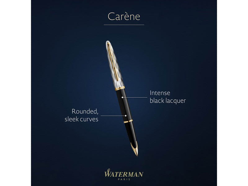 Waterman Carene Fountain Pen | Metal & Black Lacquer with Gold trim & Chiselled cap | 18K Gold Fine Nib | Blue Ink | Gift Box