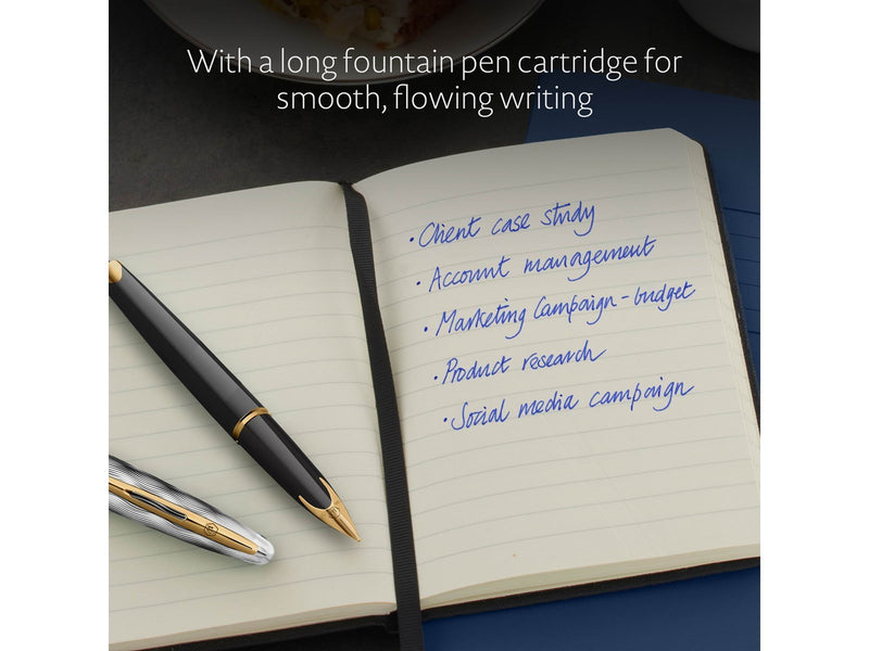 Waterman Carene Fountain Pen | Metal & Black Lacquer with Gold trim & Chiselled cap | 18K Gold Fine Nib | Blue Ink | Gift Box