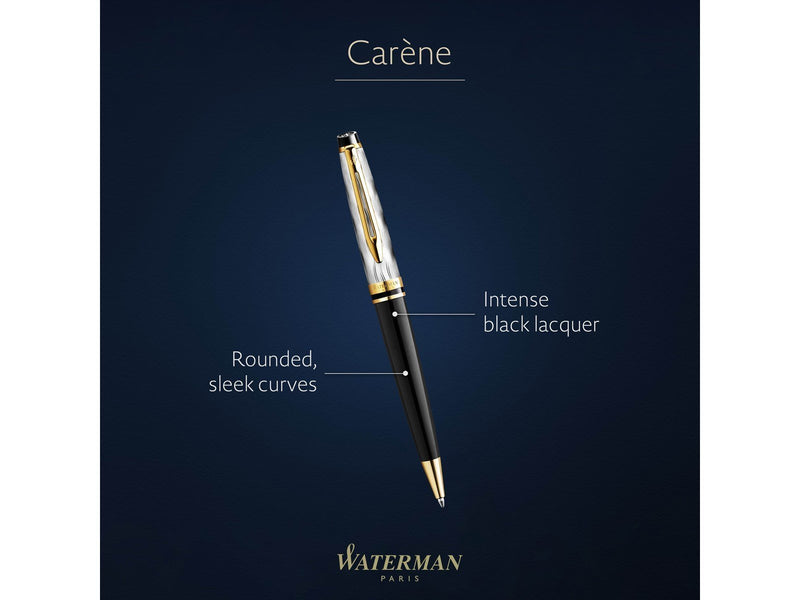 Waterman Carene Ballpoint Pen | Metal & Black Lacquer with Gold trim & Chiselled cap | Medium Tip | Blue Ink | Gift Box