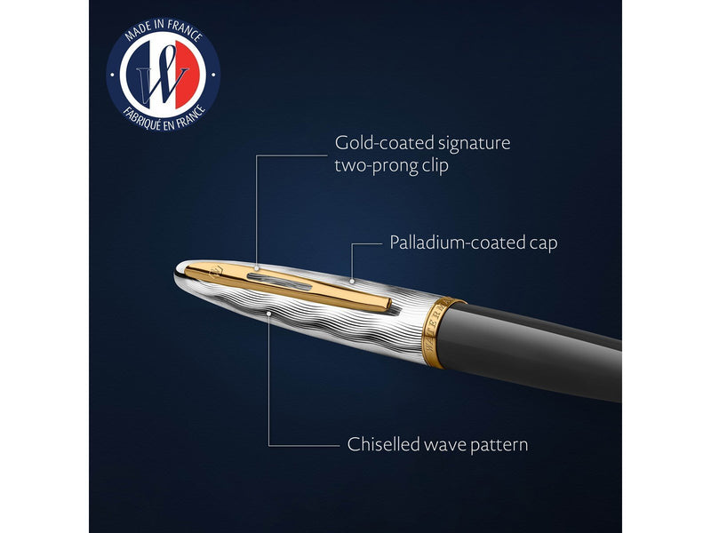 Waterman Carene Ballpoint Pen | Metal & Black Lacquer with Gold trim & Chiselled cap | Medium Tip | Blue Ink | Gift Box