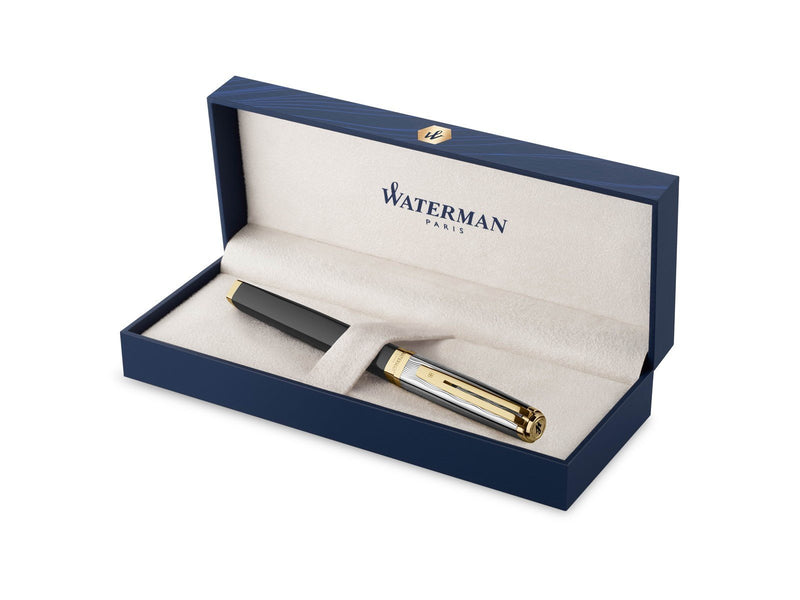 Waterman Exception Fountain Pen | Metal & Black Lacquer with Gold trim & Chiselled cap | 18K Gold Medium Nib | Blue Ink | Gift B