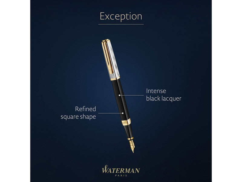 Waterman Exception Fountain Pen | Metal & Black Lacquer with Gold trim & Chiselled cap | 18K Gold Fine Nib | Blue Ink | Gift Box