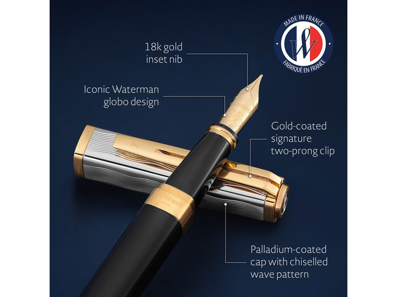 Waterman Exception Fountain Pen | Metal & Black Lacquer with Gold trim & Chiselled cap | 18K Gold Fine Nib | Blue Ink | Gift Box