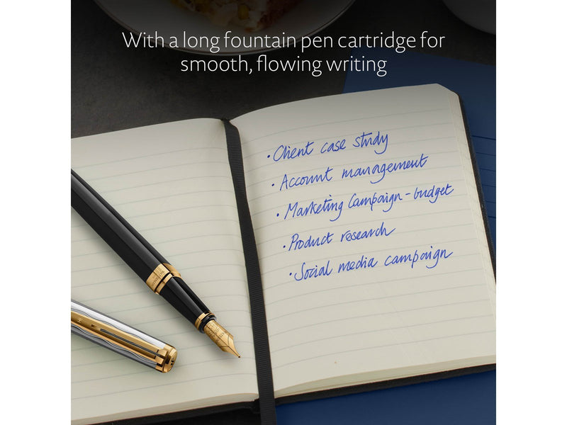 Waterman Exception Fountain Pen | Metal & Black Lacquer with Gold trim & Chiselled cap | 18K Gold Fine Nib | Blue Ink | Gift Box